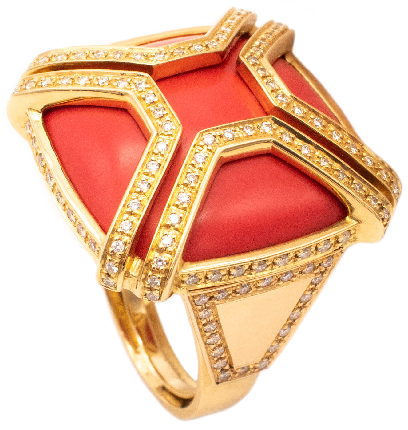 DI MODOLO MODERN 18 KT YELLOW GOLD RING WITH 1.50 Ctw IN DIAMONDS AND CORAL