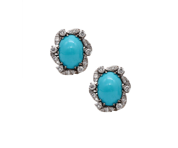 Austria 1950 Late Deco Earrings In Platinum With 19.12 Cts In Diamonds And Turquoises