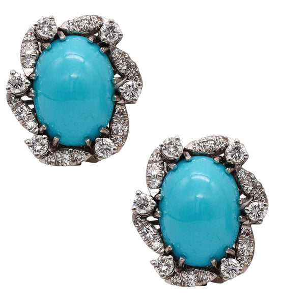 Austria 1950 Late Deco Earrings In Platinum With 19.12 Cts In Diamonds And Turquoises