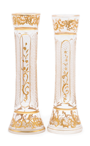 FRANCE, 1870 NAPOLEON III, BACCARAT PAIR OF CUT GLASS VASES WITH GOLD GILD