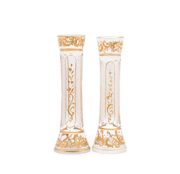 FRANCE, 1870 NAPOLEON III, BACCARAT PAIR OF CUT GLASS VASES WITH GOLD GILD
