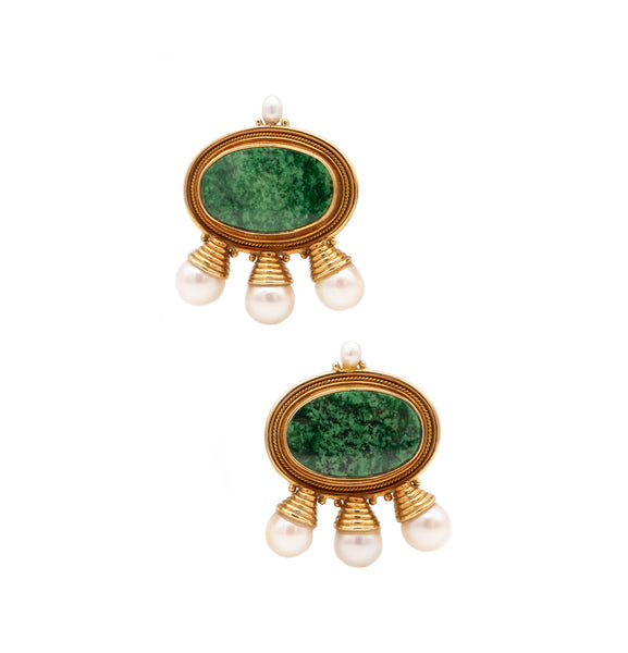 *Elizabeth Gage London 18 kt yellow gold clips-earrings with green turquoise and pearls