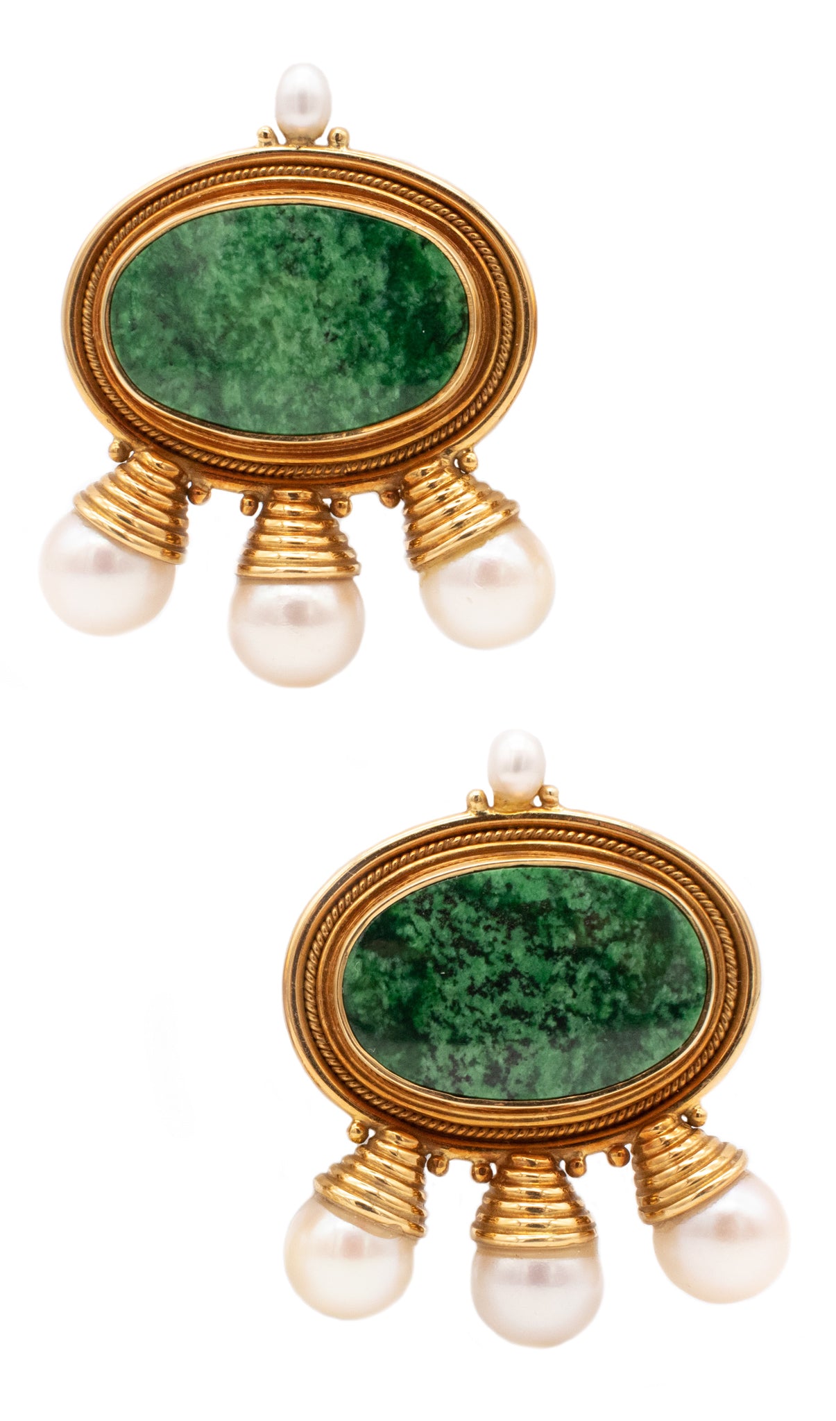 *Elizabeth Gage London 18 kt yellow gold clips-earrings with green turquoise and pearls