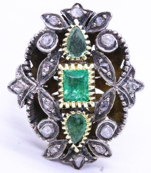 AUSTRO-HUNGARIAN ANTIQUE 18 KT GOLD RING WITH 2.10 Ctw EMERALD & DIAMONDS