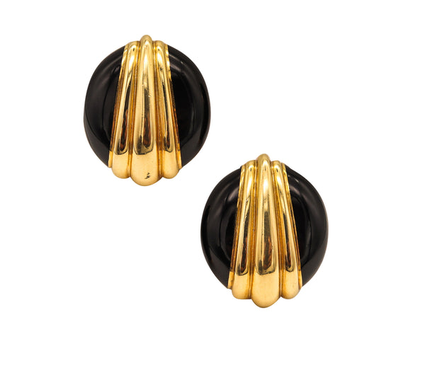 David Webb 1970 New York Black Enameled Clip Earrings In Solid 18Kt Yellow Gold