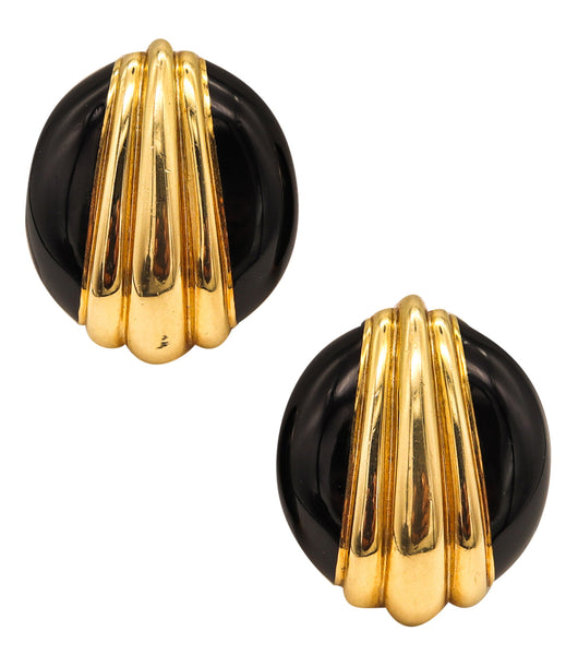 David Webb 1970 New York Black Enameled Clip Earrings In Solid 18Kt Yellow Gold