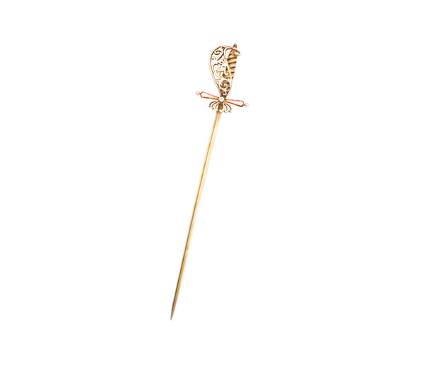 Austrian German 1900 Sword Pin Jabot In 18Kt Yellow Gold With Enamel, Diamond And Pearls