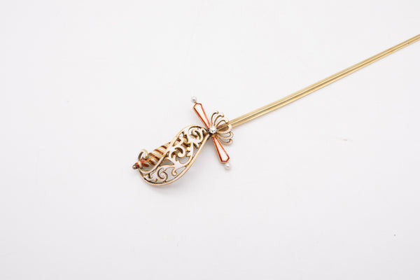 Austrian German 1900 Sword Pin Jabot In 18Kt Yellow Gold With Enamel, Diamond And Pearls