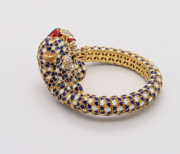 Frascarolo 1960 Italy Tiger Bracelet In 18Kt Yellow Gold With Enamel And 1.74 Cts In Diamonds Rubies