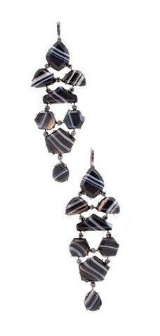 *Chandelier drop earrings in blackened 18 kt gold with 1.40 Cts of black diamonds and agate