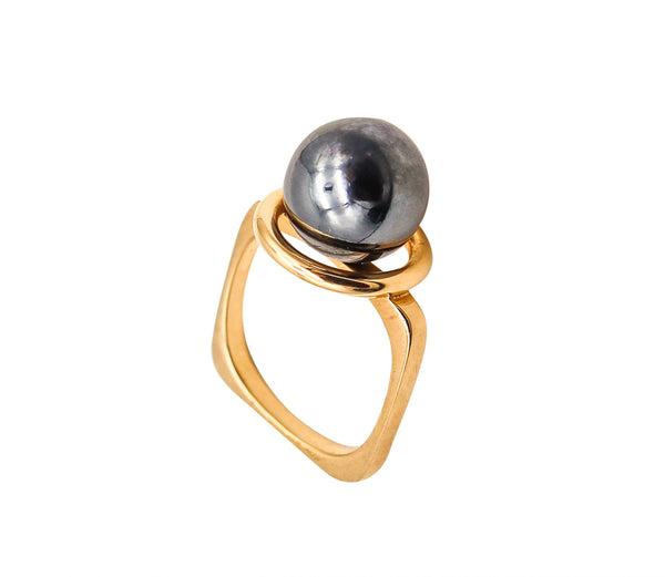 Dinh Van Paris 1970 Geometric Ring In 18Kt Yellow Gold With Carved Hematite Sphere