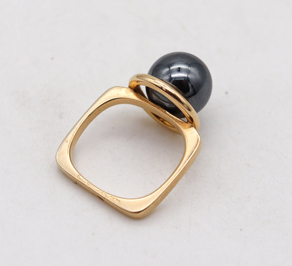 Dinh Van Paris 1970 Geometric Ring In 18Kt Yellow Gold With Carved Hematite Sphere