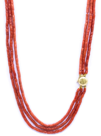 ANTIQUE ITALIAN RED CORAL 3 STRAND 18 KT NECKLACE