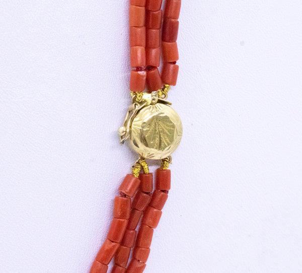 ANTIQUE ITALIAN RED CORAL 3 STRAND 18 KT NECKLACE