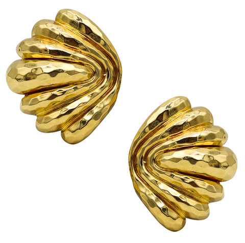 Henry Dunay New York Faceted Hammered Clips On Earrings In Textured 18Kt Yellow Gold