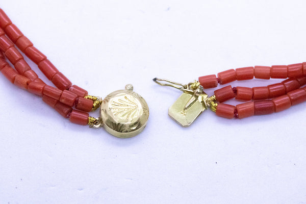 ANTIQUE ITALIAN RED CORAL 3 STRAND 18 KT NECKLACE
