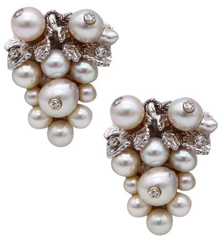 Art Deco Retro Clips-On Earrings In 14Kt Gold With Natural Pearls And European Diamonds