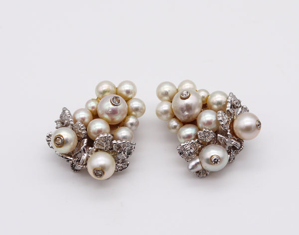 Art Deco Retro Clips-On Earrings In 14Kt Gold With Natural Pearls And European Diamonds