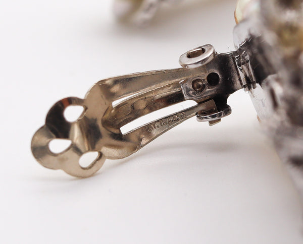 Art Deco Retro Clips-On Earrings In 14Kt Gold With Natural Pearls And European Diamonds