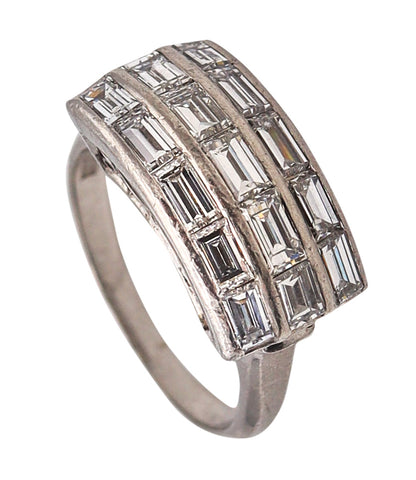 -Art Deco 1930 Geometric Cocktail Ring In Platinum With 2.25 Cts Emerald Cut Diamonds