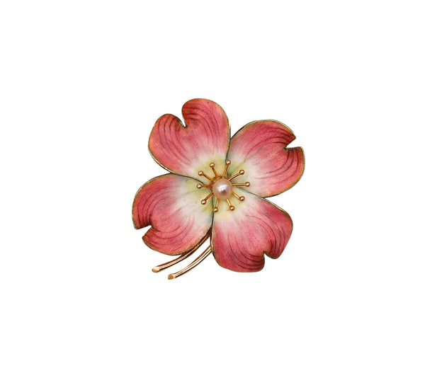 Krementz Art Nouveau 1905 Clematis Flower Enameled Pin Brooch in 18Kt Gold With Natural Pearl