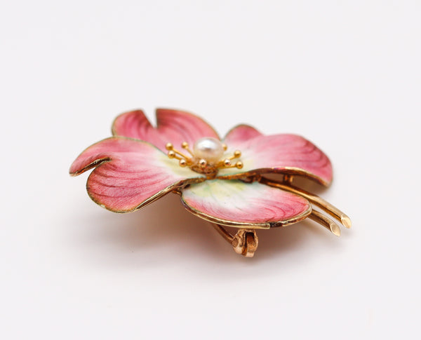 Krementz Art Nouveau 1905 Clematis Flower Enameled Pin Brooch in 18Kt Gold With Natural Pearl