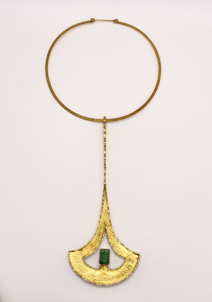 -Guayasamin Modernist 1966 Geometric Sculptural Necklace In 18Kt Gold With 8.79 Cts Green Tourmaline