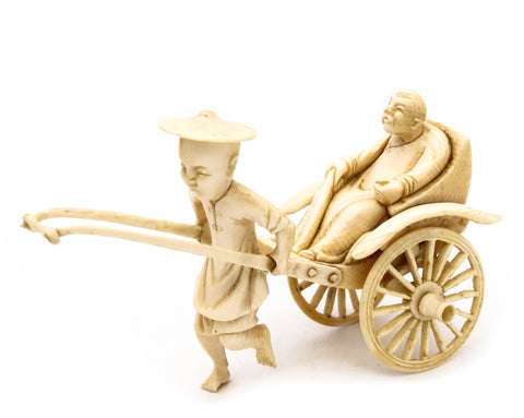 CHINA 1920 CHINESE CARVED MINIATURE OF A DOUBLE WHEELS CARRIAGE WITH RIDERS