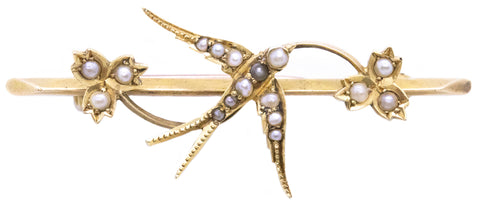 EDWARDIAN 15 KT PEARLS FLYING BIRD BROOCH