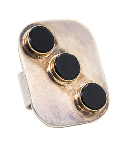 -Pierre Cardin 1970 Paris Geometric Ring In 14Kt Yellow Gold Sterling Silver And Onyx