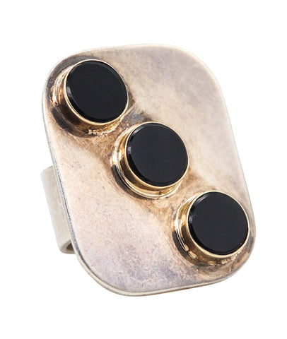 -Pierre Cardin 1970 Paris Geometric Ring In 14Kt Yellow Gold Sterling Silver And Onyx