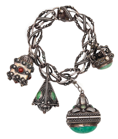 Etruscan Revival 1930 Italian Gypsy Charms Bracelet In .800 Silver With Gemstones