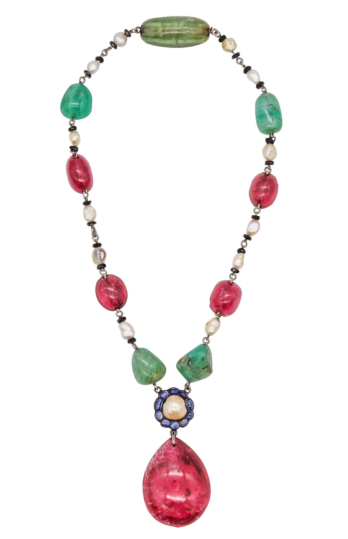 Art Deco 1920 Mughal Tutti Frutti Necklace In Silver With 303.69 Cts In Gemstones & Natural Pearls