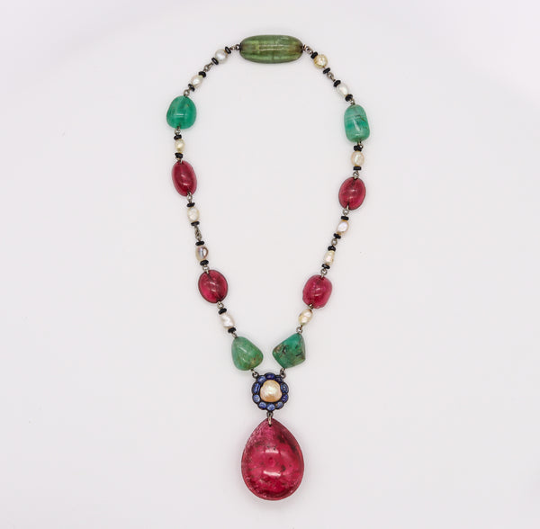 Art Deco 1920 Mughal Tutti Frutti Necklace In Silver With 303.69 Cts In Gemstones & Natural Pearls