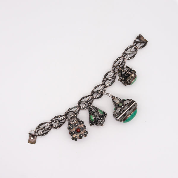 Etruscan Revival 1930 Italian Gypsy Charms Bracelet In .800 Silver With Gemstones