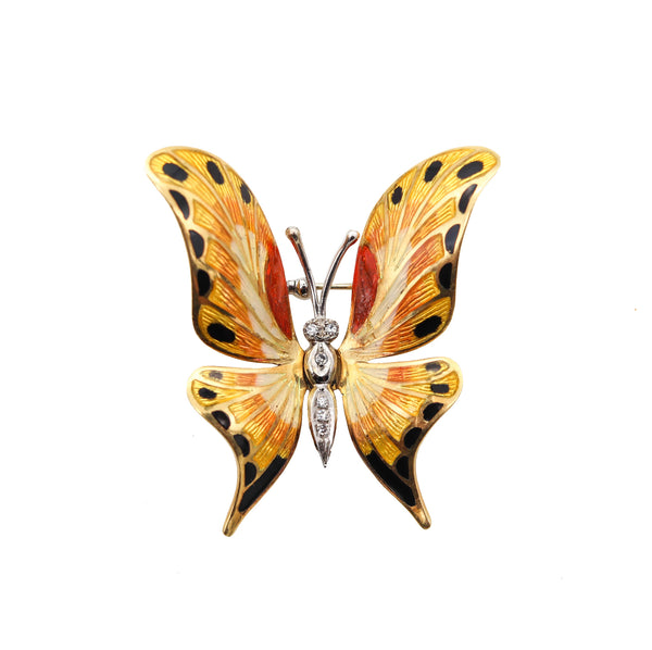 -Italian 1970 Colorful Butterfly Enameled Brooch In 18Kt Gold With Diamonds