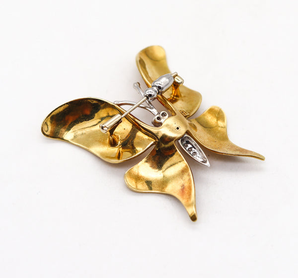 -Italian 1970 Colorful Butterfly Enameled Brooch In 18Kt Gold With Diamonds