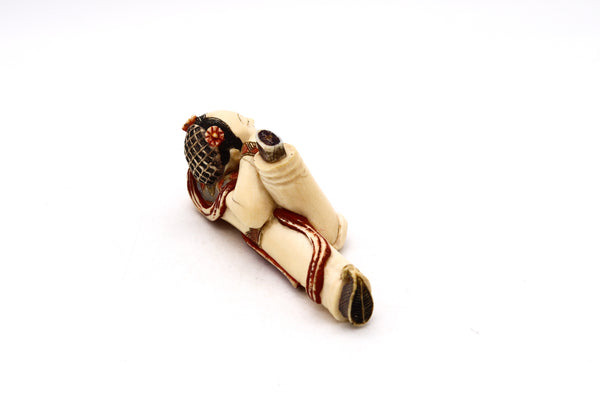 CHINA 1930 POLYCHROMATIC COLORED PAINTED CARVING OF A GIRL PLAYING WITH A DOGGIE