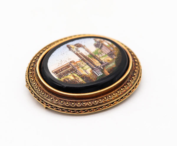-Roman Revival 1880 Grand Tour Temple of Vespasian Micro Mosaic Brooch In 18Kt Yellow Gold