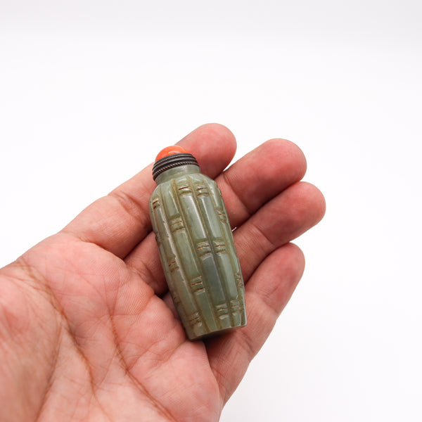 +China Qing Dynasty 1880 Snuff Bottle Carved In Nephrite Green Jade And Coral