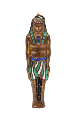 Art Deco 1920 Egyptian Revival Pharaoh Retractable Pencil Pendant In Brass And Enamel