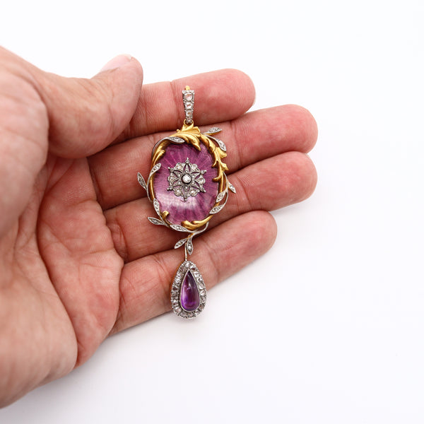 French 1790 Georgian Guilloche Enameled Pendant In 18Kt Gold With 4.26 Rose Cut Diamonds And Amethyst