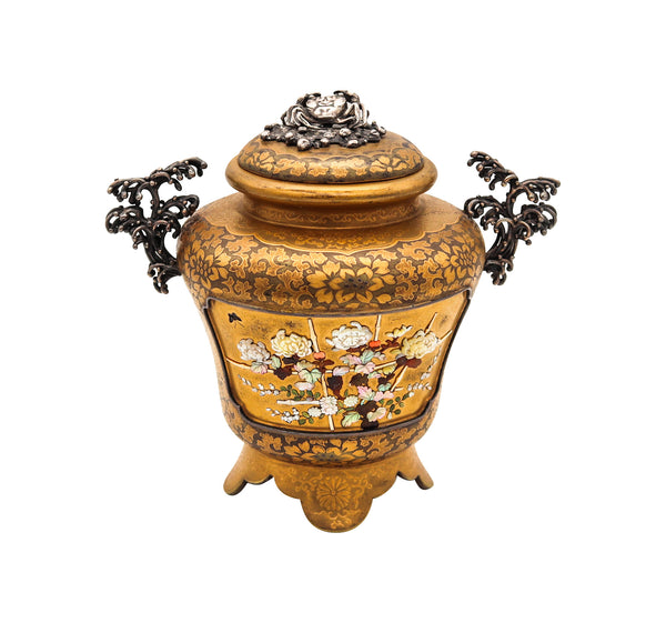 Japan 1890 Meiji Shibayama Round Urn In Gilded Wood And Sterling Silver