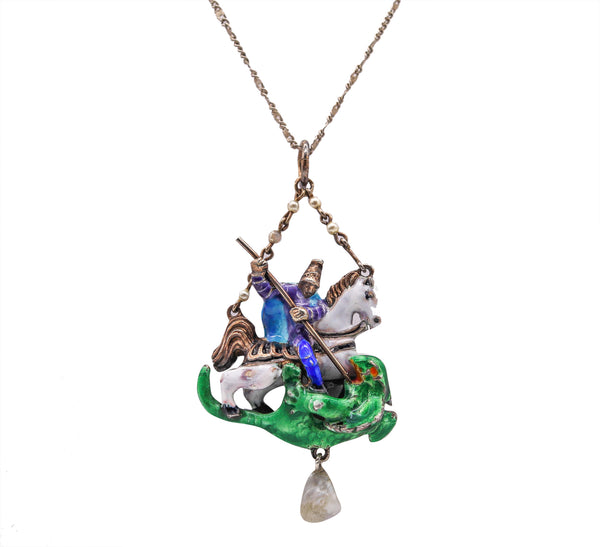 Austrian Hungarian 1900 Enameled St George And The Dragon In .935 Sterling Silver With Pearl