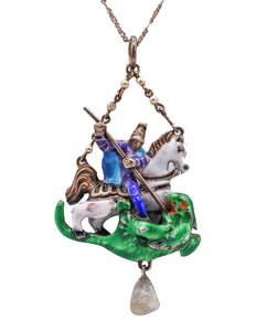 Austrian Hungarian 1900 Enameled St George And The Dragon In .935 Sterling Silver With Pearl