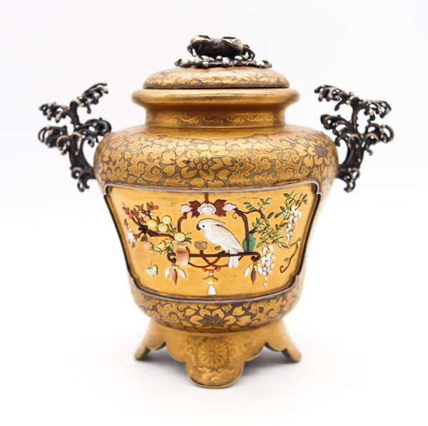 Japan 1890 Meiji Shibayama Round Urn In Gilded Wood And Sterling Silver