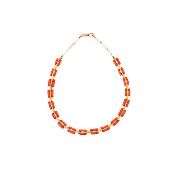 EDWARDIAN 1910 BRITISH GEOMETRIC NECKLACE IN 18 KT GOLD WITH CORAL LINKS