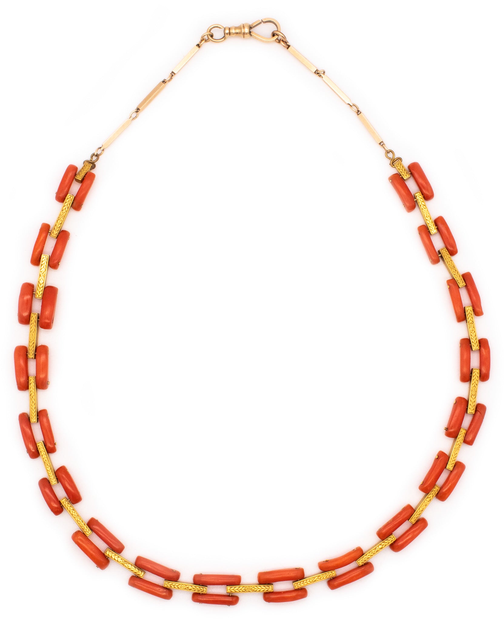 EDWARDIAN 1910 BRITISH GEOMETRIC NECKLACE IN 18 KT GOLD WITH CORAL LINKS