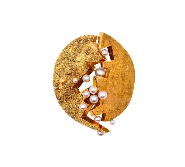 Toni Cavelti 1965 Rare Brutalist Convertible Pendant Brooch In 18Kt Gold With Pearls