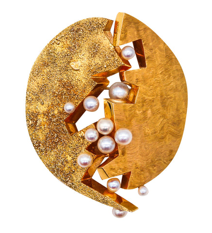 Toni Cavelti 1965 Rare Brutalist Convertible Pendant Brooch In 18Kt Gold With Pearls